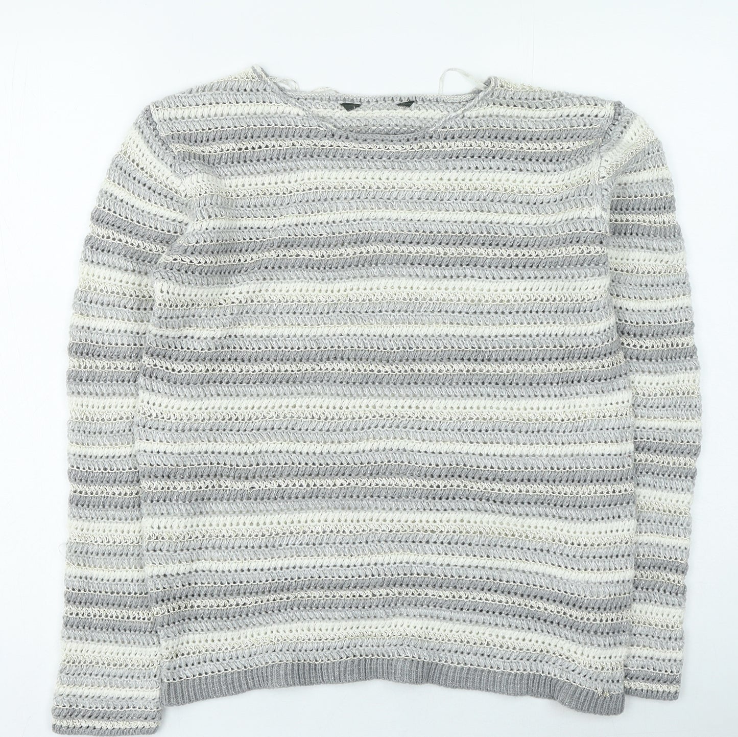 Preworn Womens Grey Round Neck Striped Acrylic Pullover Jumper Size 14