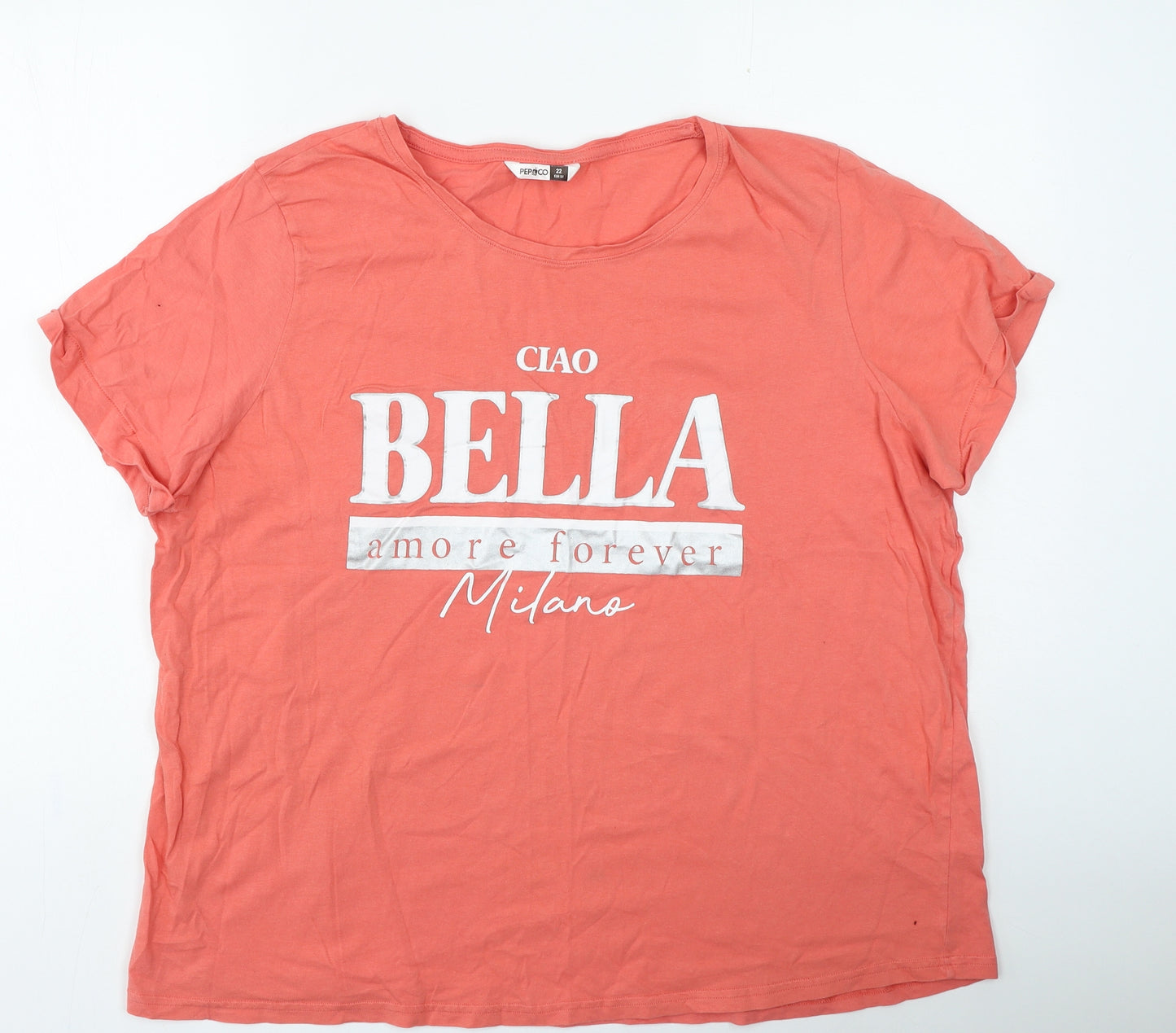 Pep & Co Womens Orange Cotton Basic T-Shirt Size 22 Round Neck - Slogan