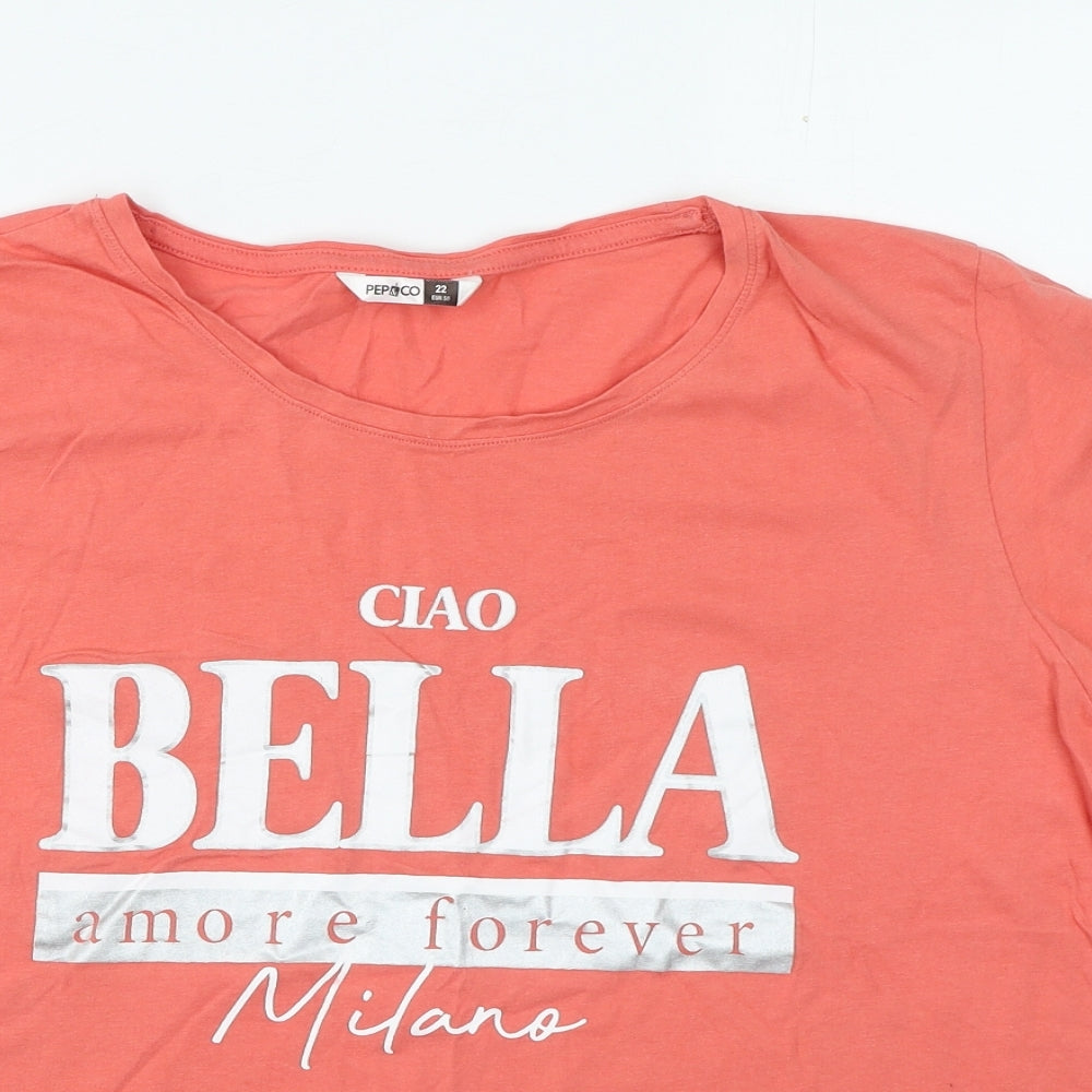 Pep & Co Womens Orange Cotton Basic T-Shirt Size 22 Round Neck - Slogan