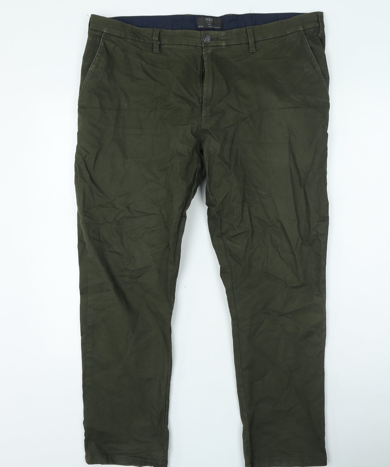 Marks and Spencer Mens Green Cotton Trousers Size 40 in L29 in Regular Zip