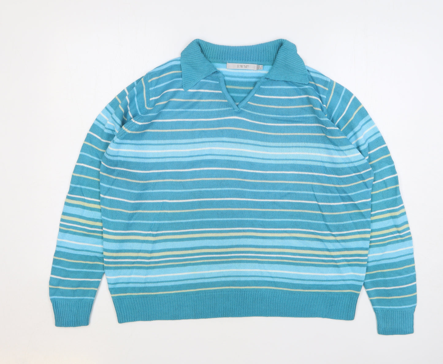 EWM Womens Blue Collared Striped Acrylic Pullover Jumper Size 18
