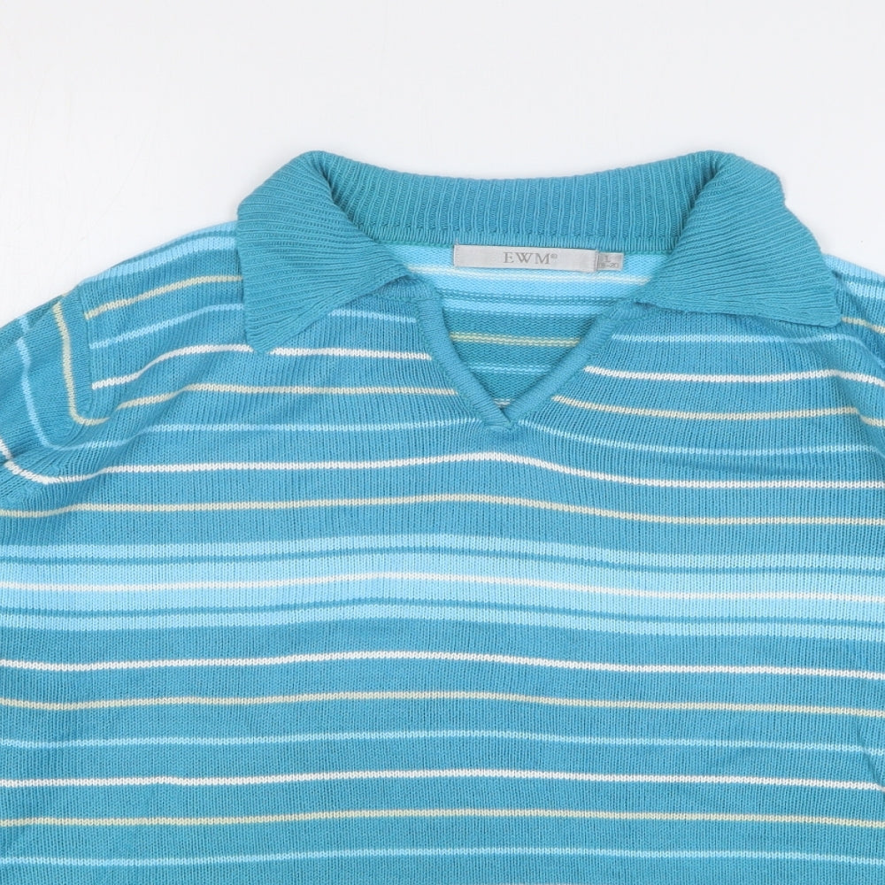 EWM Womens Blue Collared Striped Acrylic Pullover Jumper Size 18