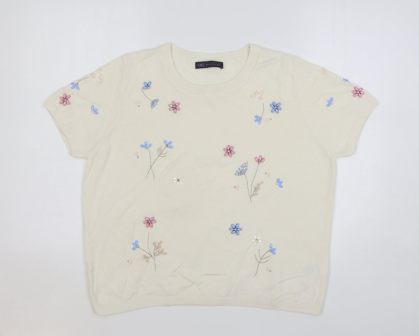 Marks and Spencer Womens Beige Round Neck Floral Acrylic Pullover Jumper Size 18