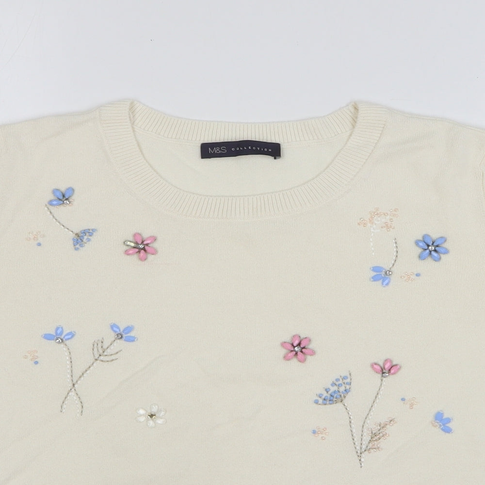 Marks and Spencer Womens Beige Round Neck Floral Acrylic Pullover Jumper Size 18