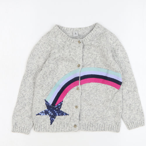 TU Girls Grey Round Neck Striped Cotton Cardigan Jumper Size 3-4 Years Button - Shooting Star