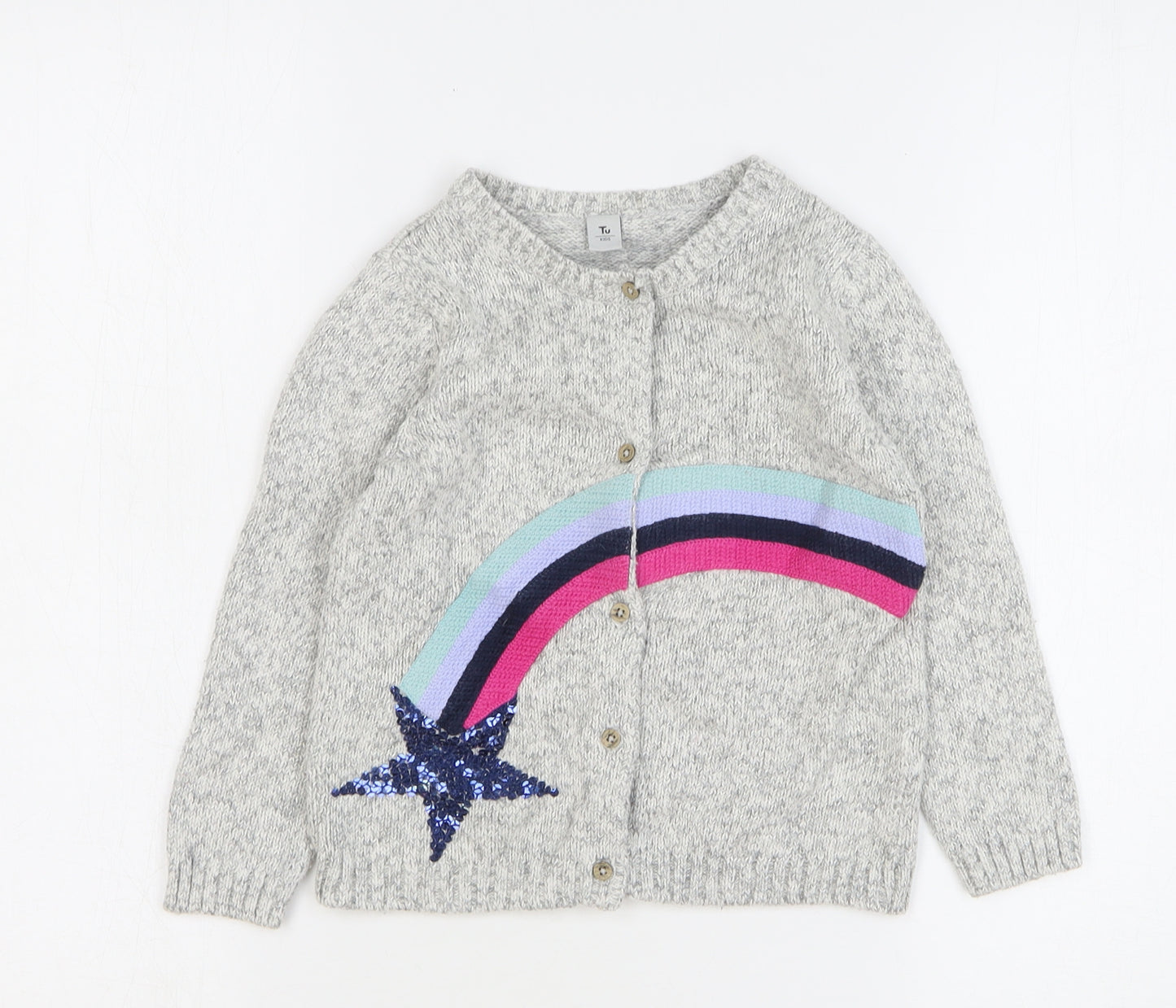 TU Girls Grey Round Neck Striped Cotton Cardigan Jumper Size 3-4 Years Button - Shooting Star
