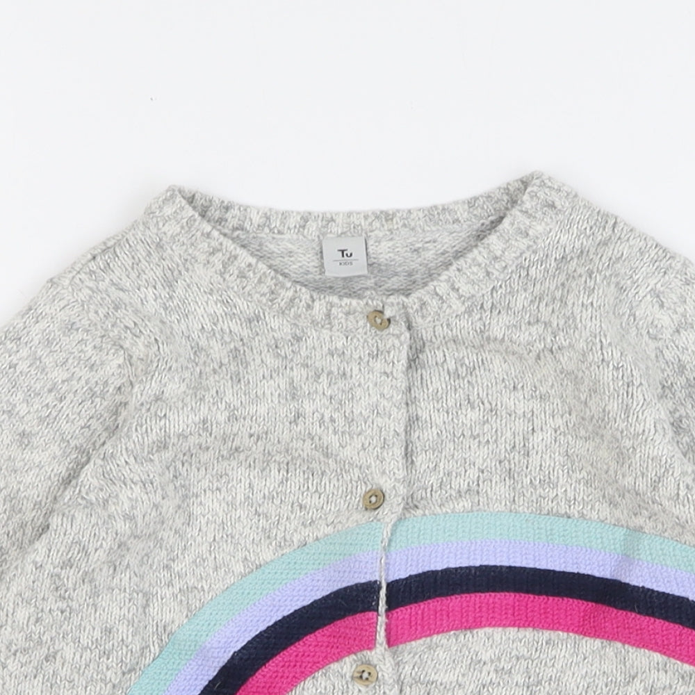 TU Girls Grey Round Neck Striped Cotton Cardigan Jumper Size 3-4 Years Button - Shooting Star