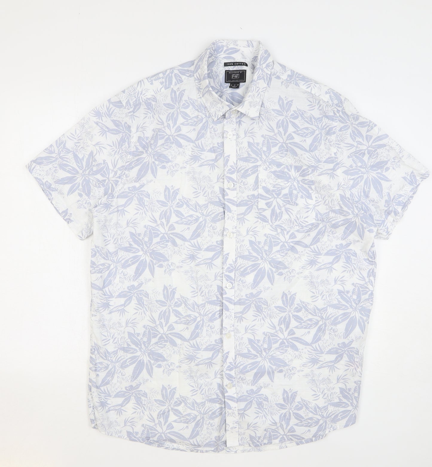 F&F Mens White Floral Cotton Button-Up Size XL Collared Button