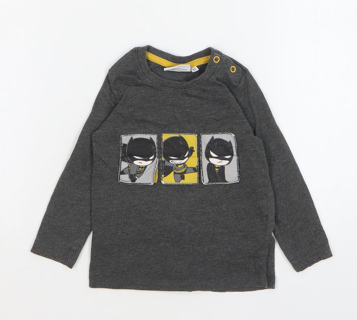 Batman Boys Grey Cotton Basic T-Shirt Size 24 Months Round Neck Snap