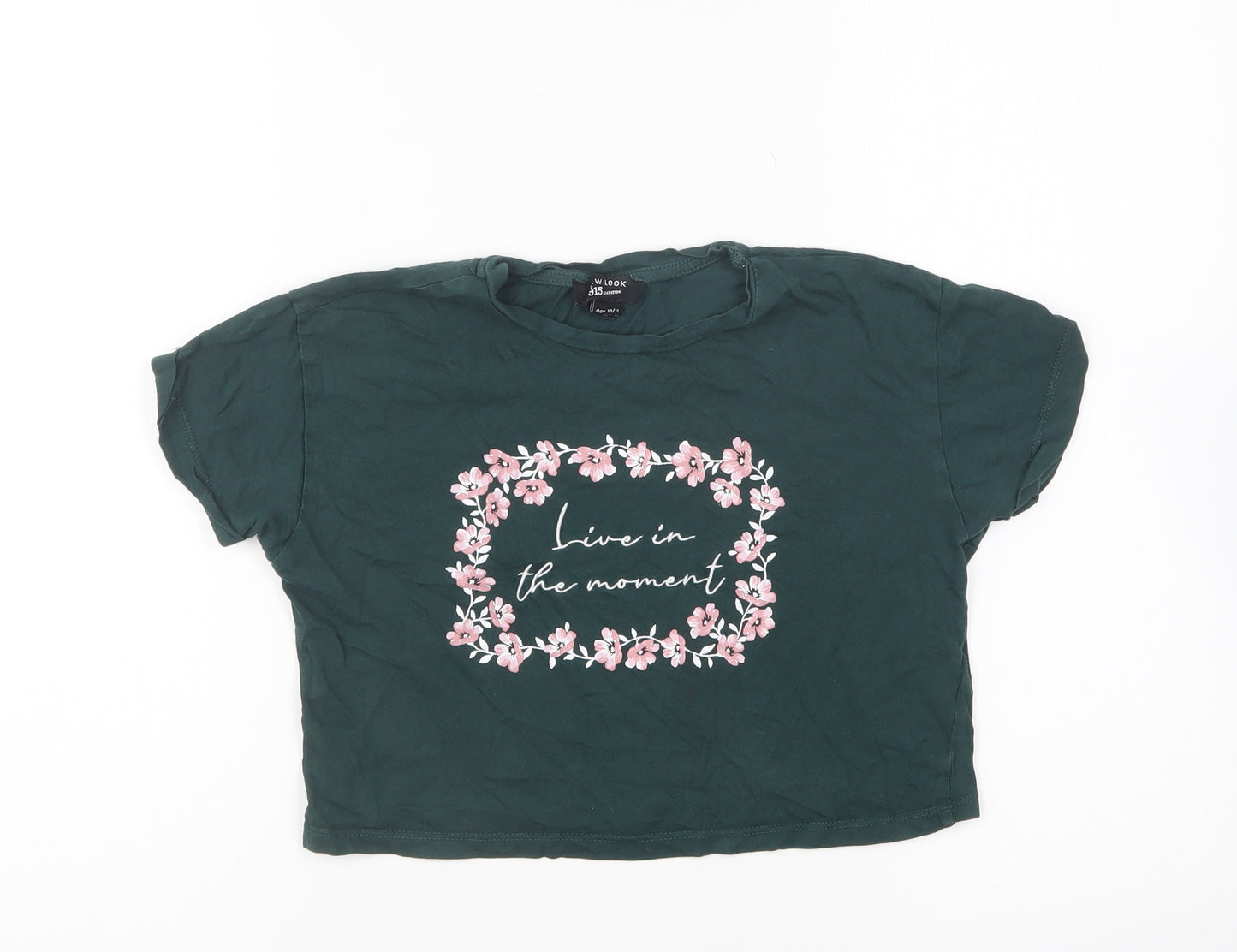 New Look Girls Green Cotton Cropped T-Shirt Size 10-11 Years Round Neck Pullover - Live In The Moment