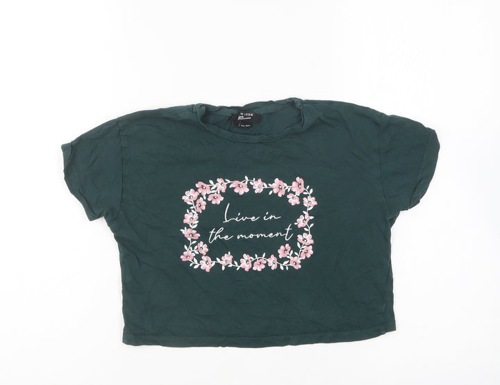 New Look Girls Green Cotton Cropped T-Shirt Size 10-11 Years Round Neck Pullover - Live In The Moment