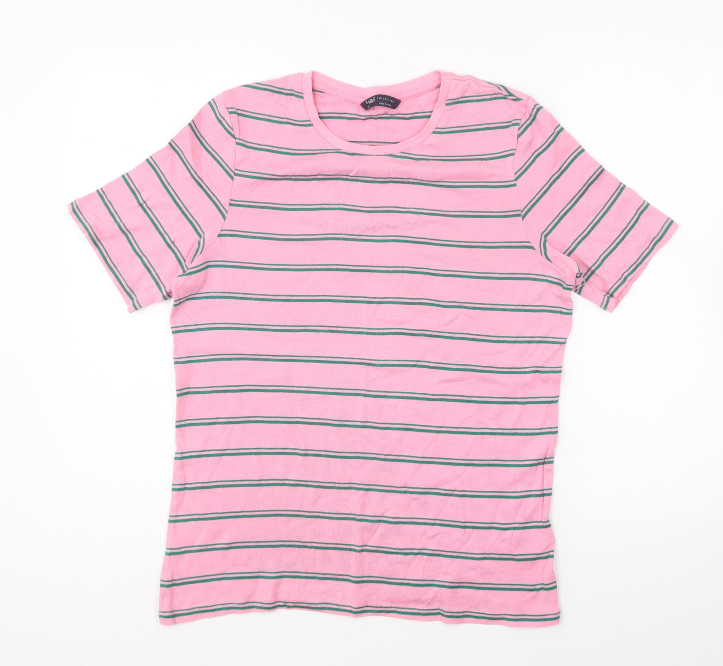 Marks and Spencer Womens Pink Striped Cotton Basic T-Shirt Size 18 Round Neck