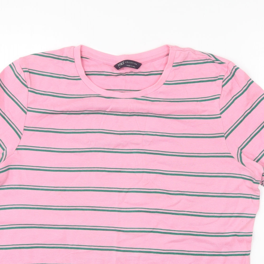 Marks and Spencer Womens Pink Striped Cotton Basic T-Shirt Size 18 Round Neck
