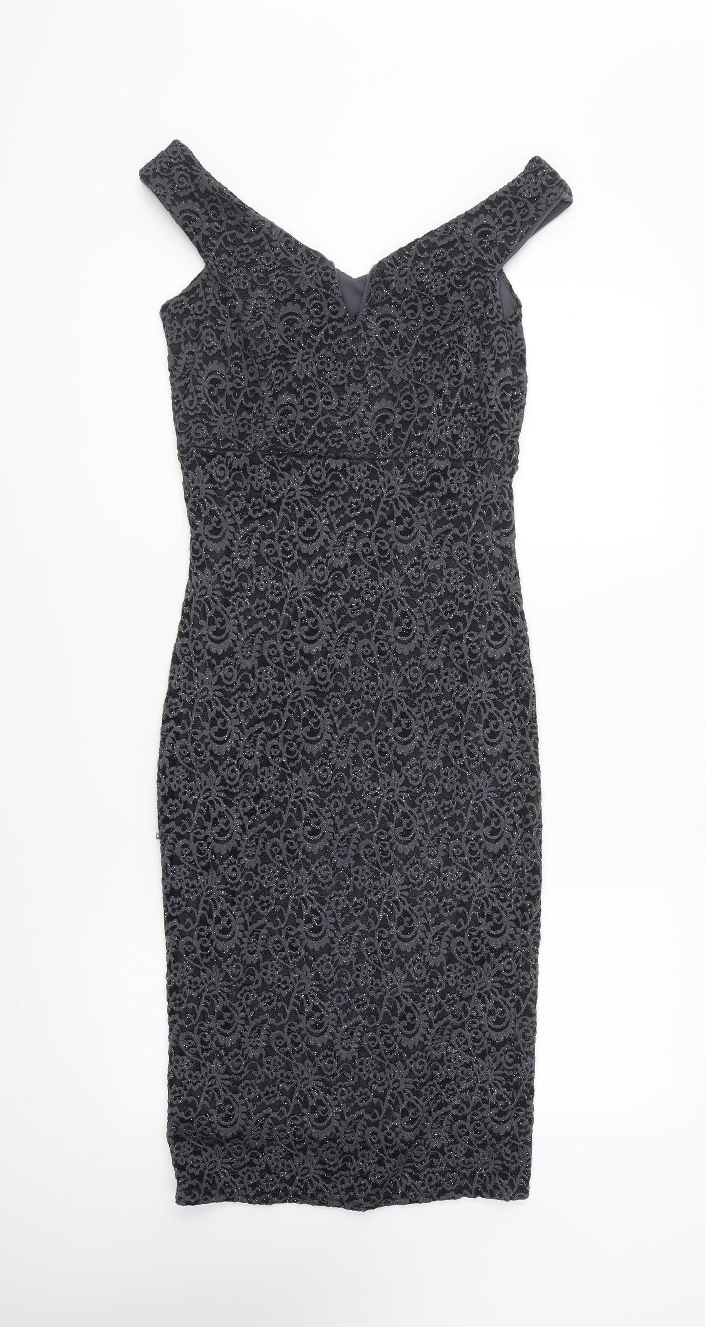 Quiz Womens Grey Floral Nylon Pencil Dress Size 8 Off the Shoulder Pullover