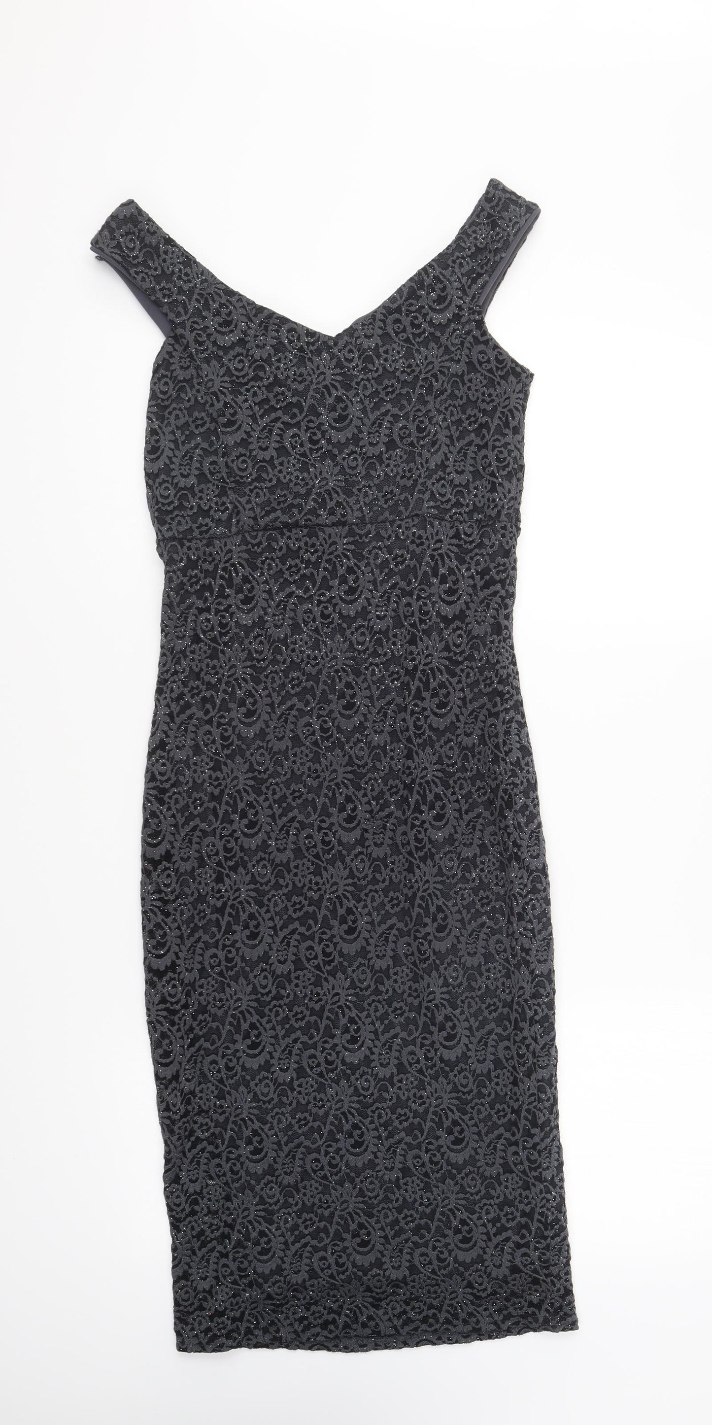 Quiz Womens Grey Floral Nylon Pencil Dress Size 8 Off the Shoulder Pullover