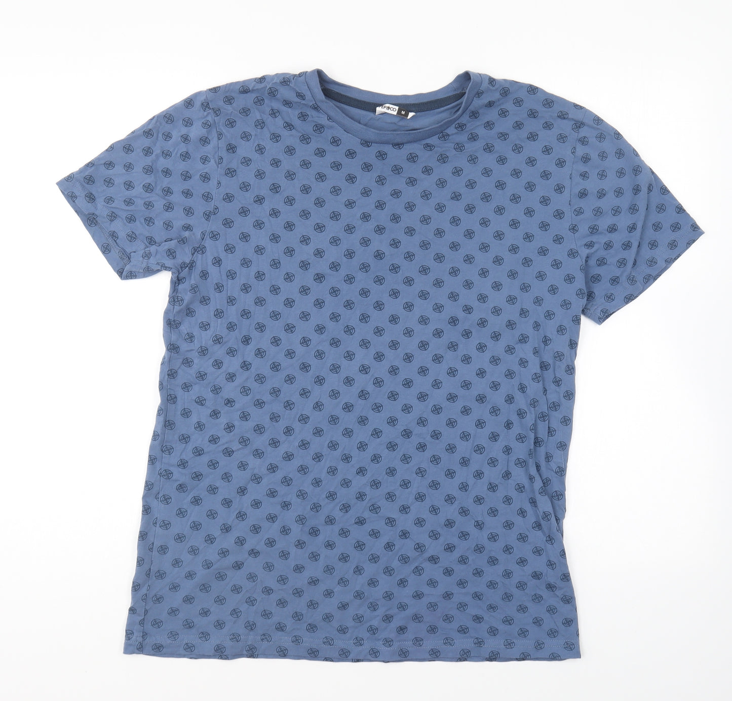 Pep & Co Mens Blue Geometric Cotton T-Shirt Size M Round Neck