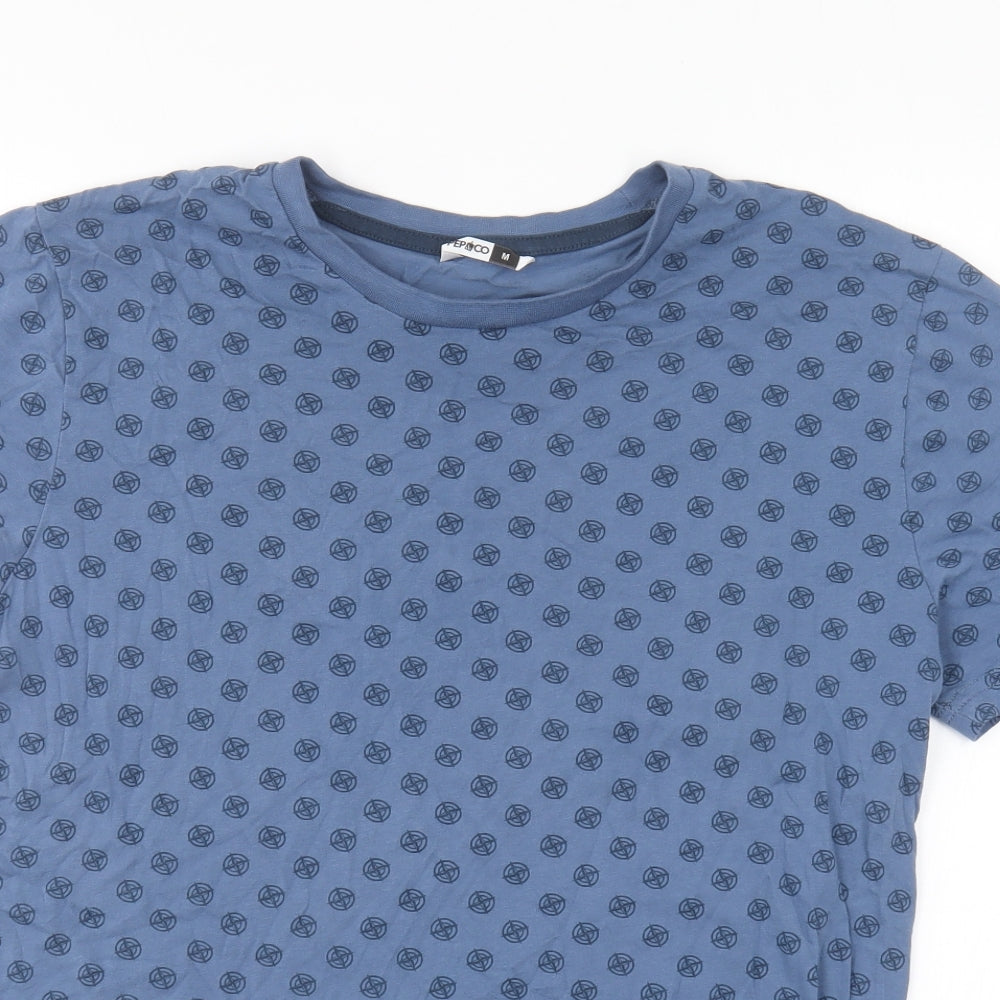 Pep & Co Mens Blue Geometric Cotton T-Shirt Size M Round Neck
