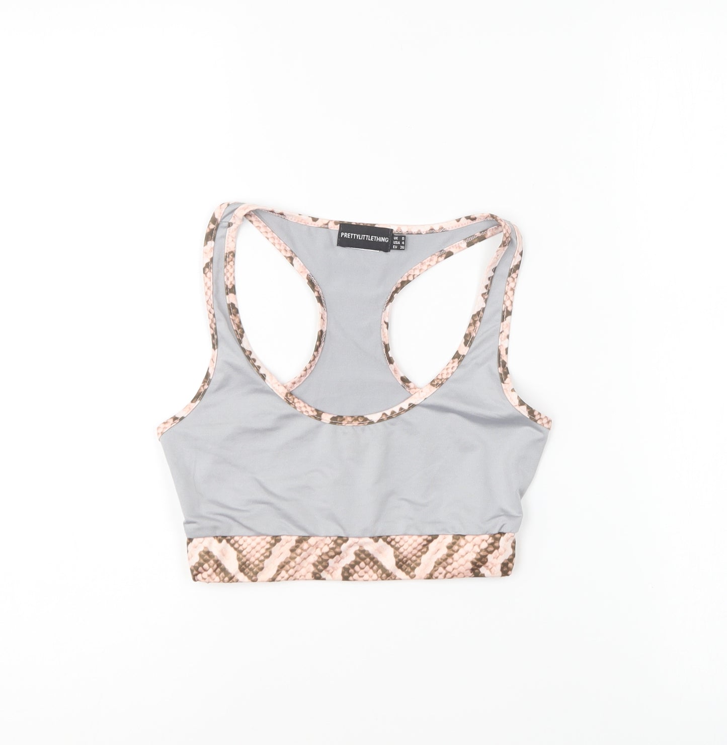 PRETTYLITTLETHING Womens Grey Polyester Cropped T-Shirt Size 8 Roll Neck Pullover - Sports Bra