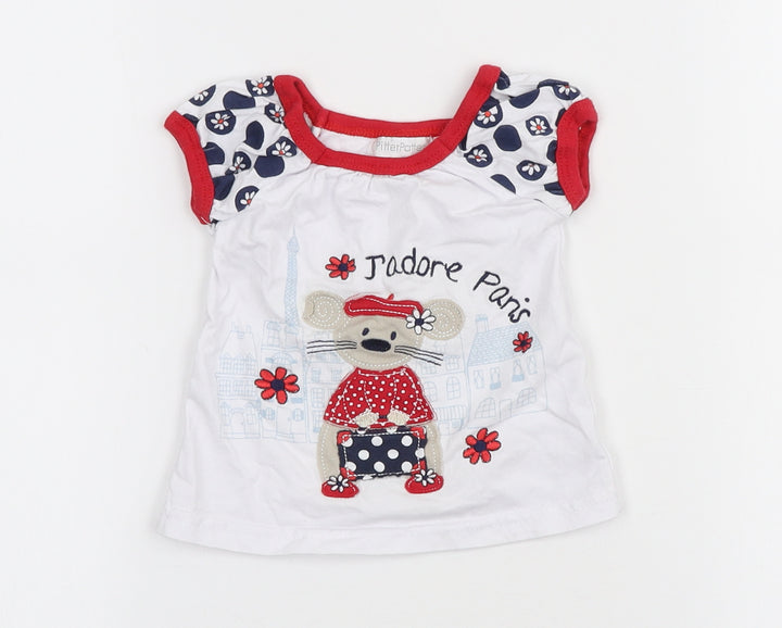 Pitter Patter Girls White Cotton Basic T-Shirt Size 12 Months Round Neck Pullover - J'adore Paris