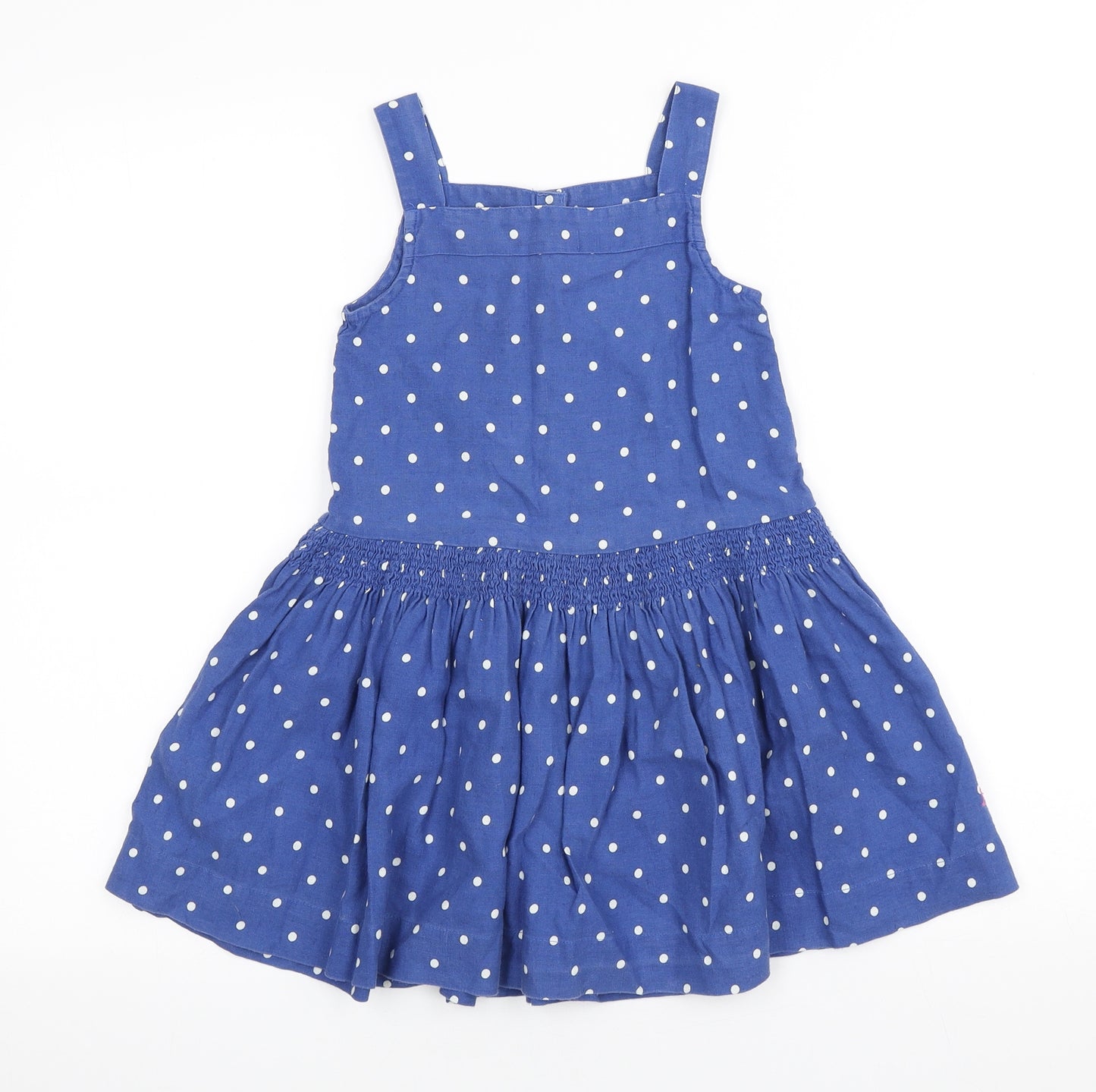 Joules Girls Blue Polka Dot Flax A-Line Size 6 Years Square Neck Button