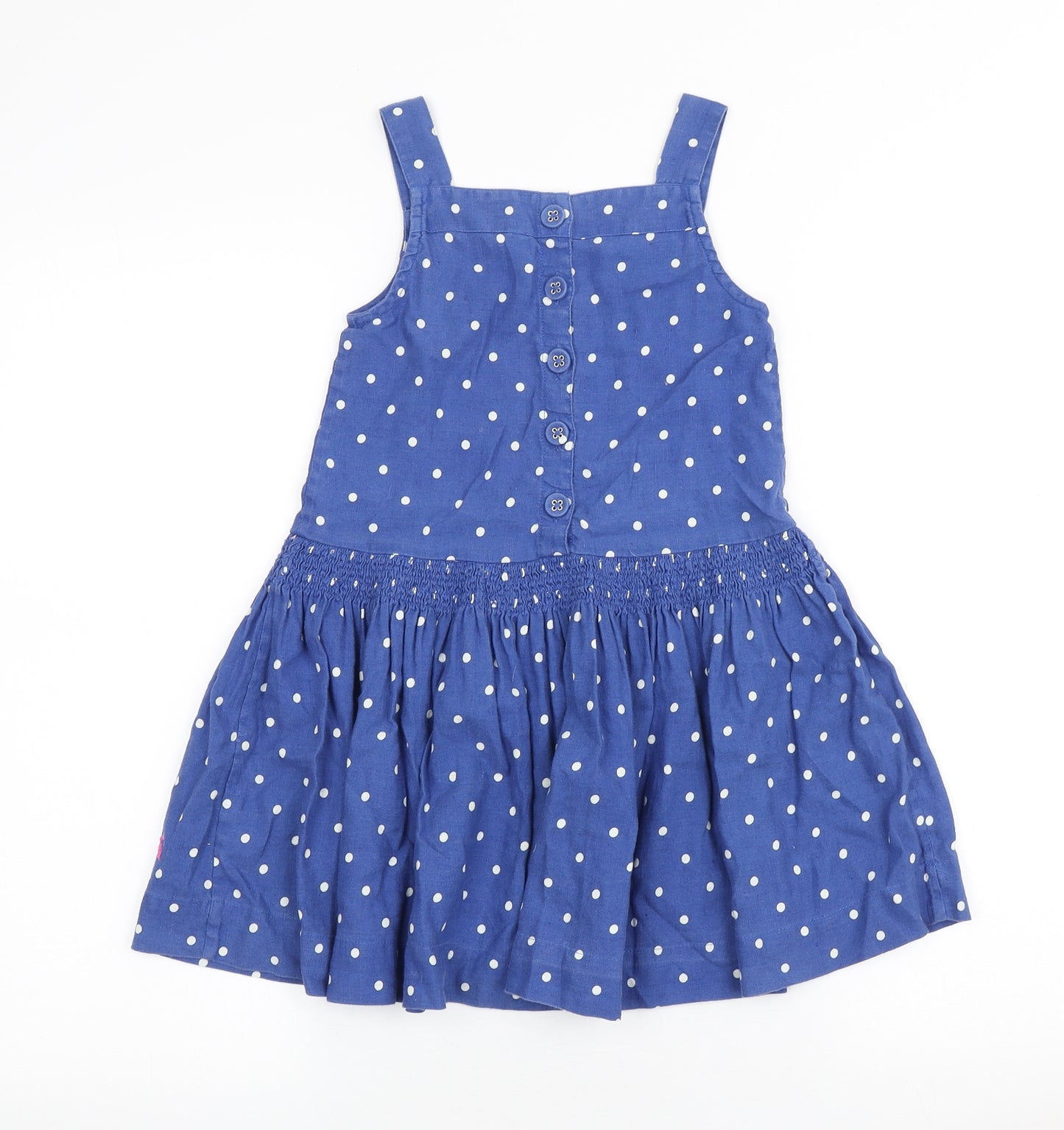 Joules Girls Blue Polka Dot Flax A-Line Size 6 Years Square Neck Button