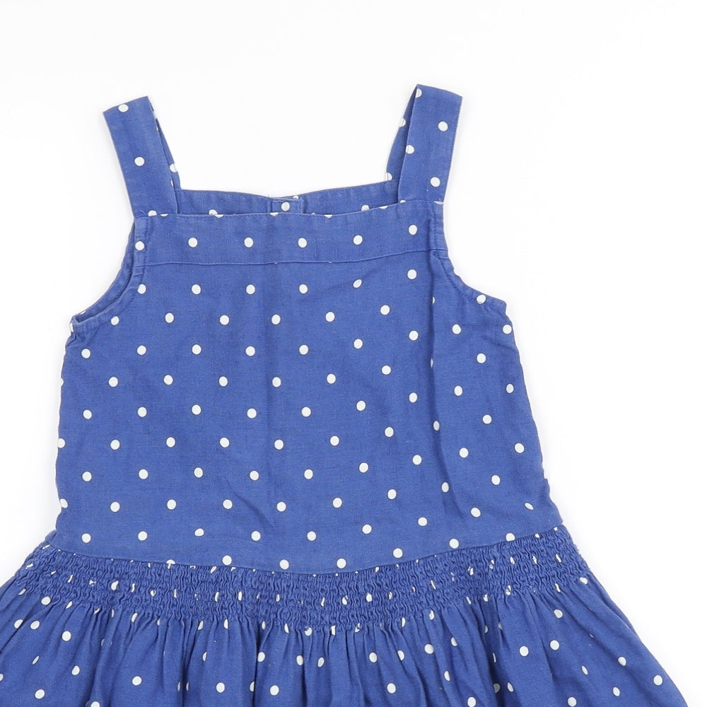 Joules Girls Blue Polka Dot Flax A-Line Size 6 Years Square Neck Button