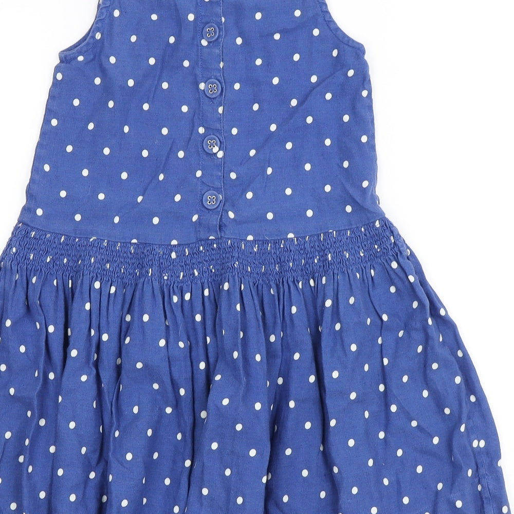 Joules Girls Blue Polka Dot Flax A-Line Size 6 Years Square Neck Button