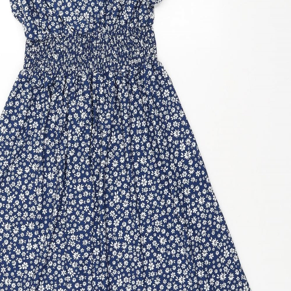 Blue Vanilla Womens Blue Floral Polyester A-Line Size 8 V-Neck Pullover