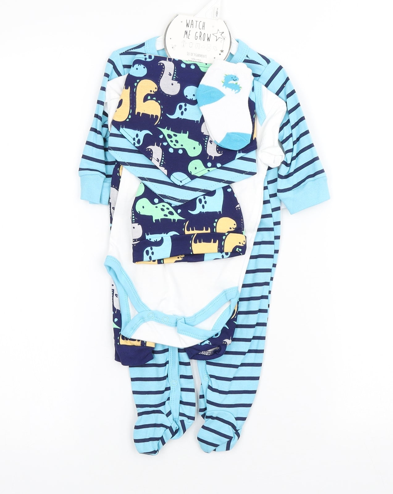 Watch Me Grow Baby Multicoloured Cotton Babygrow One-Piece Size 3-6 Months Snap - 7 piece set, Dinosaur