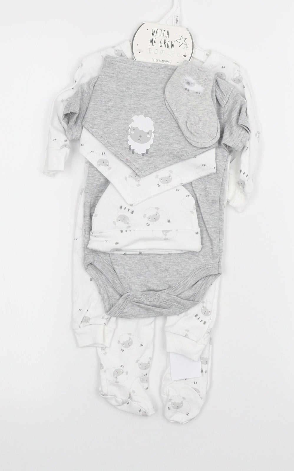 Watch Me Grow Baby Multicoloured Geometric Cotton Babygrow One-Piece Size 3-6 Months Snap - 7 piece set, Sheep