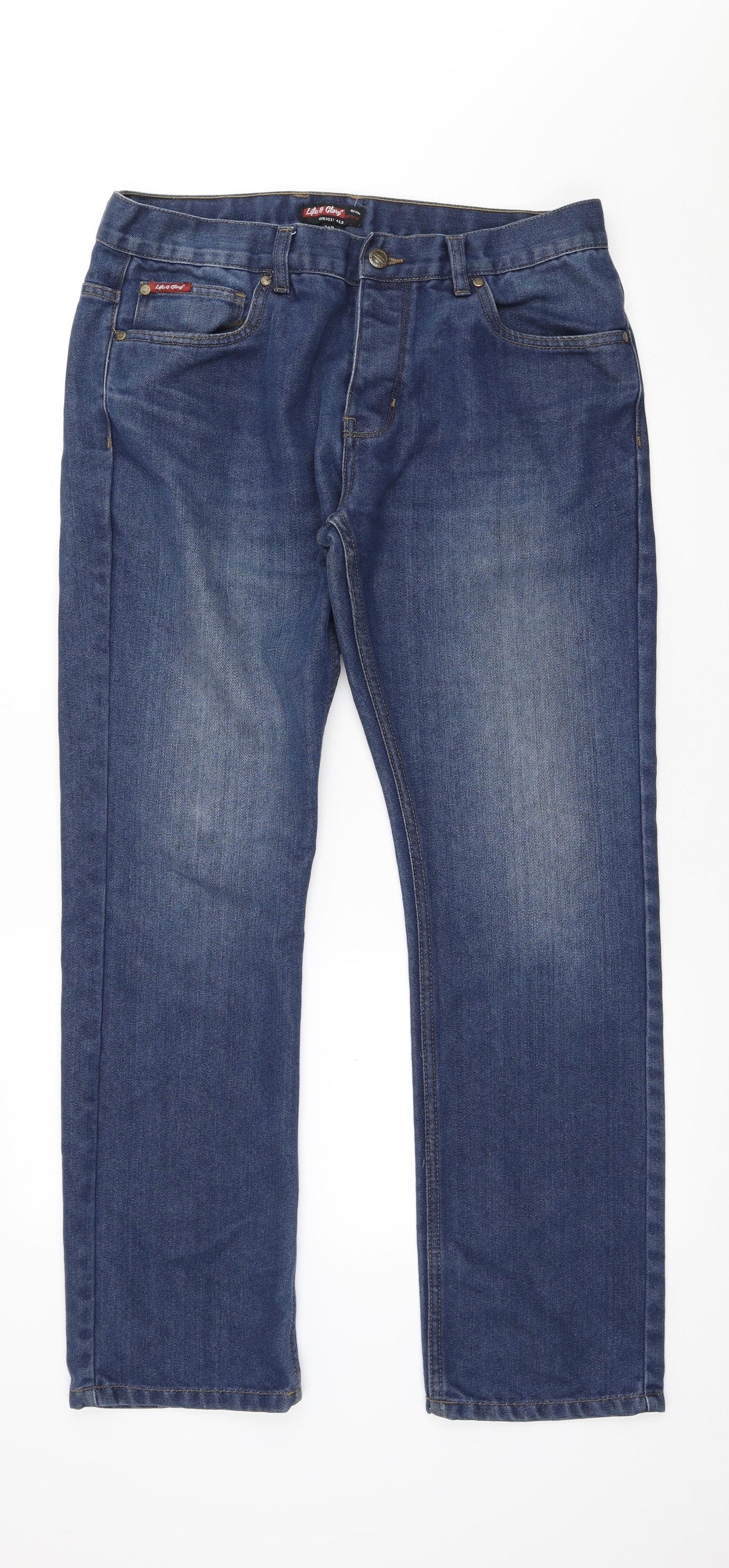 Life & Glory Mens Blue Cotton Straight Jeans Size 36 in L30 in Regular Button