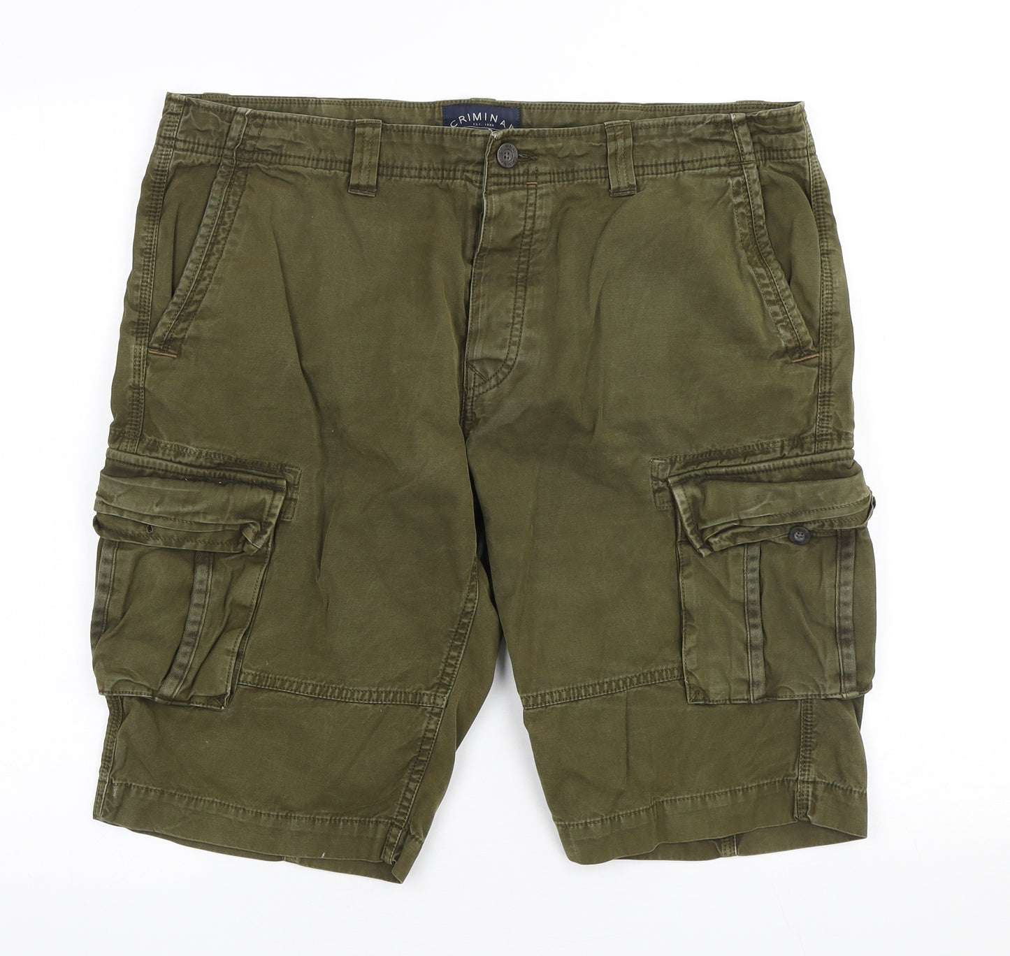 Criminal Mens Green Cotton Cargo Shorts Size 36 in L11 in Regular Button