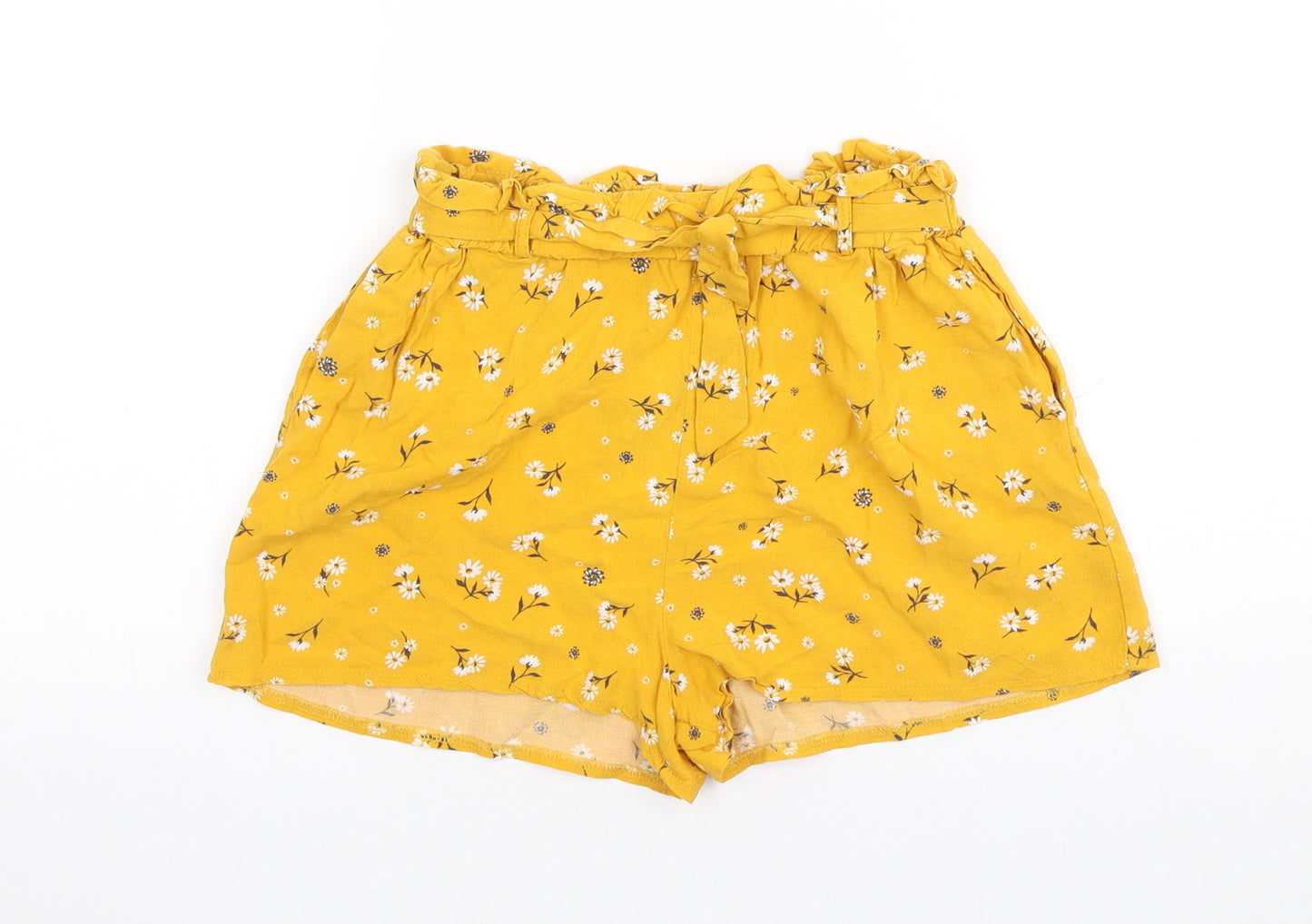 Primark Girls Yellow Floral Viscose Paperbag Shorts Size 11-12 Years Regular