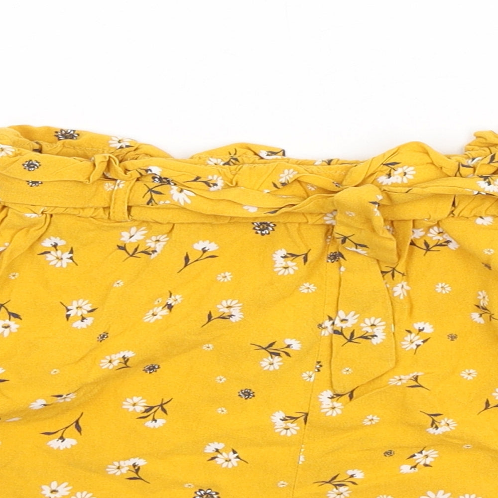 Primark Girls Yellow Floral Viscose Paperbag Shorts Size 11-12 Years Regular