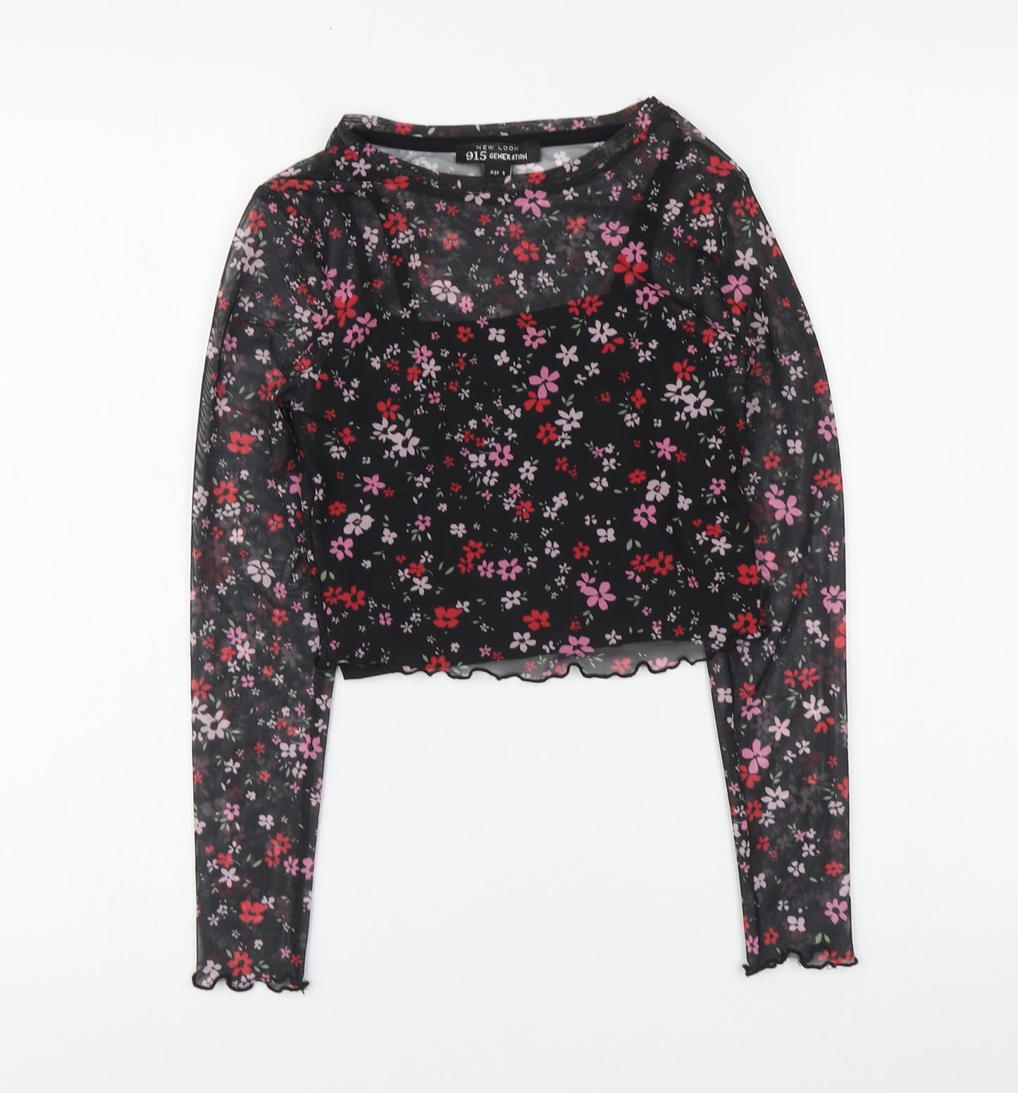 New Look Girls Black Floral Polyester Blend Basic Blouse Size 9 Years Round Neck Pullover - Lettuce Hem