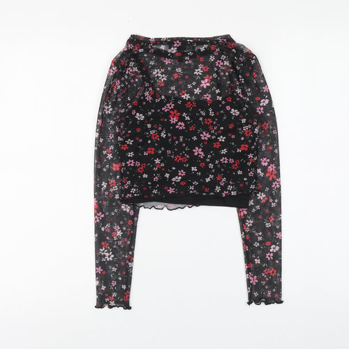 New Look Girls Black Floral Polyester Blend Basic Blouse Size 9 Years Round Neck Pullover - Lettuce Hem