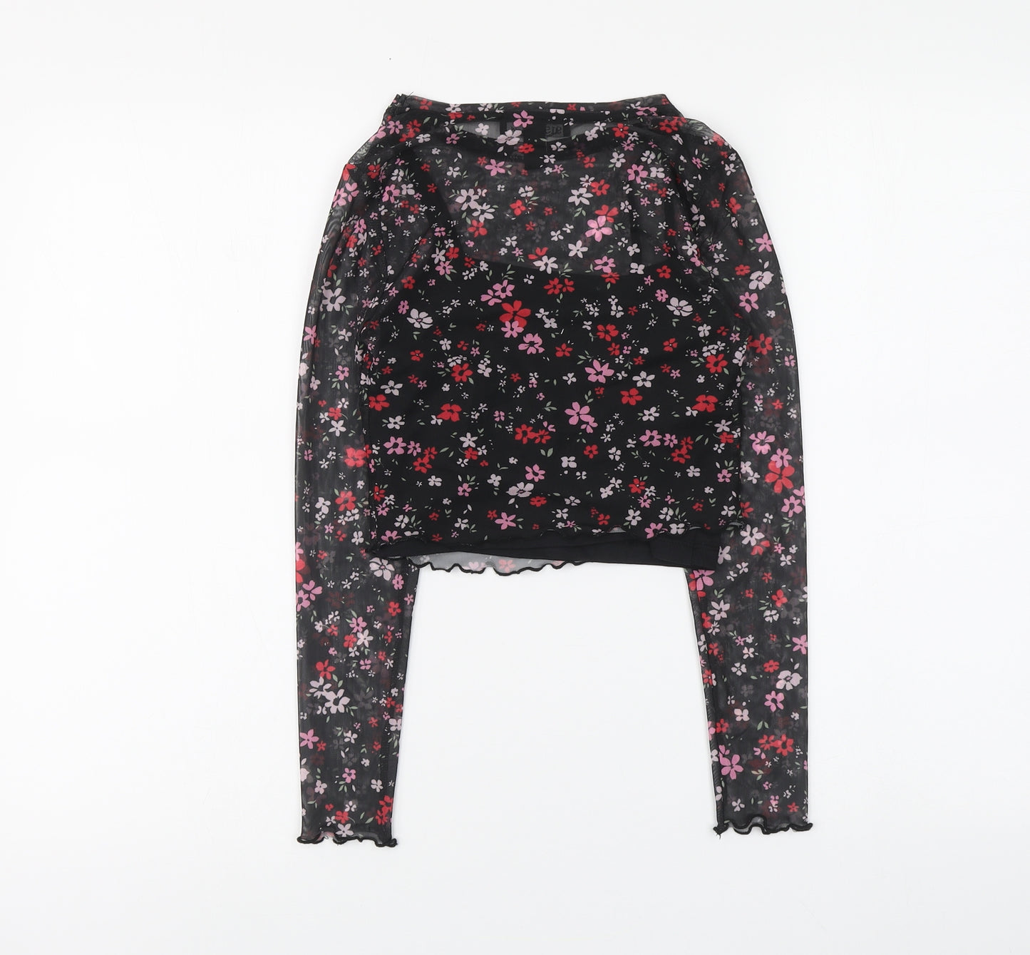 New Look Girls Black Floral Polyester Blend Basic Blouse Size 9 Years Round Neck Pullover - Lettuce Hem
