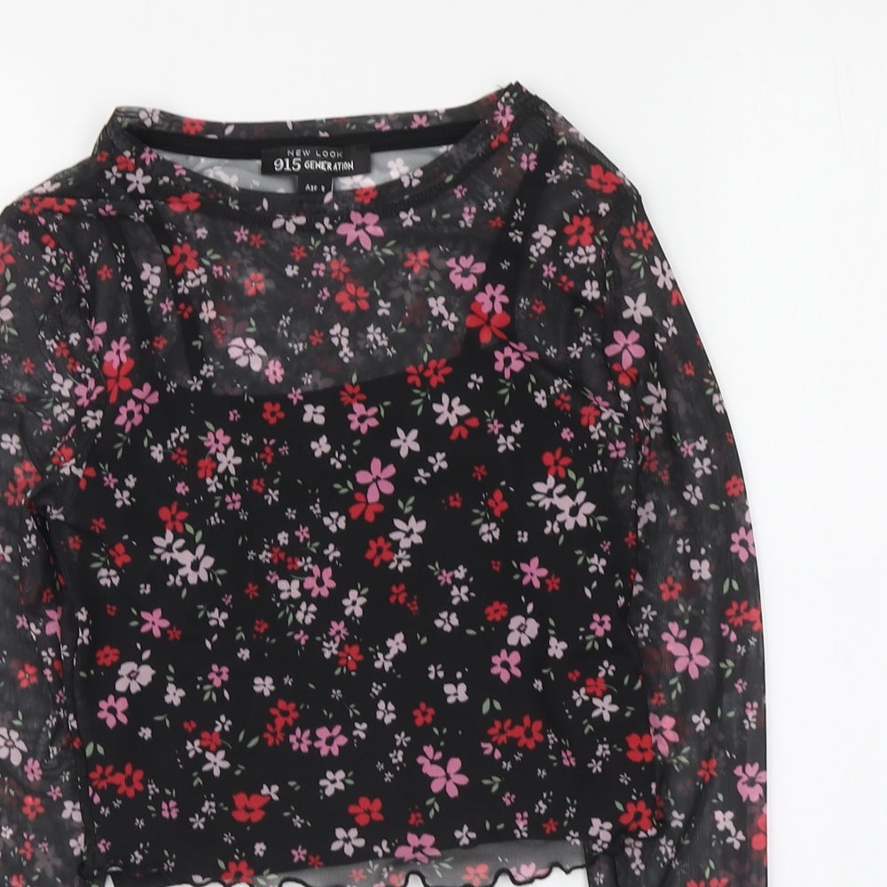 New Look Girls Black Floral Polyester Blend Basic Blouse Size 9 Years Round Neck Pullover - Lettuce Hem