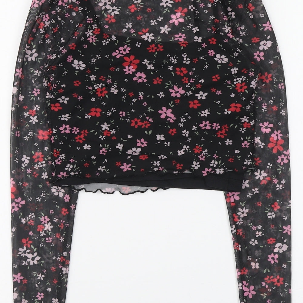 New Look Girls Black Floral Polyester Blend Basic Blouse Size 9 Years Round Neck Pullover - Lettuce Hem