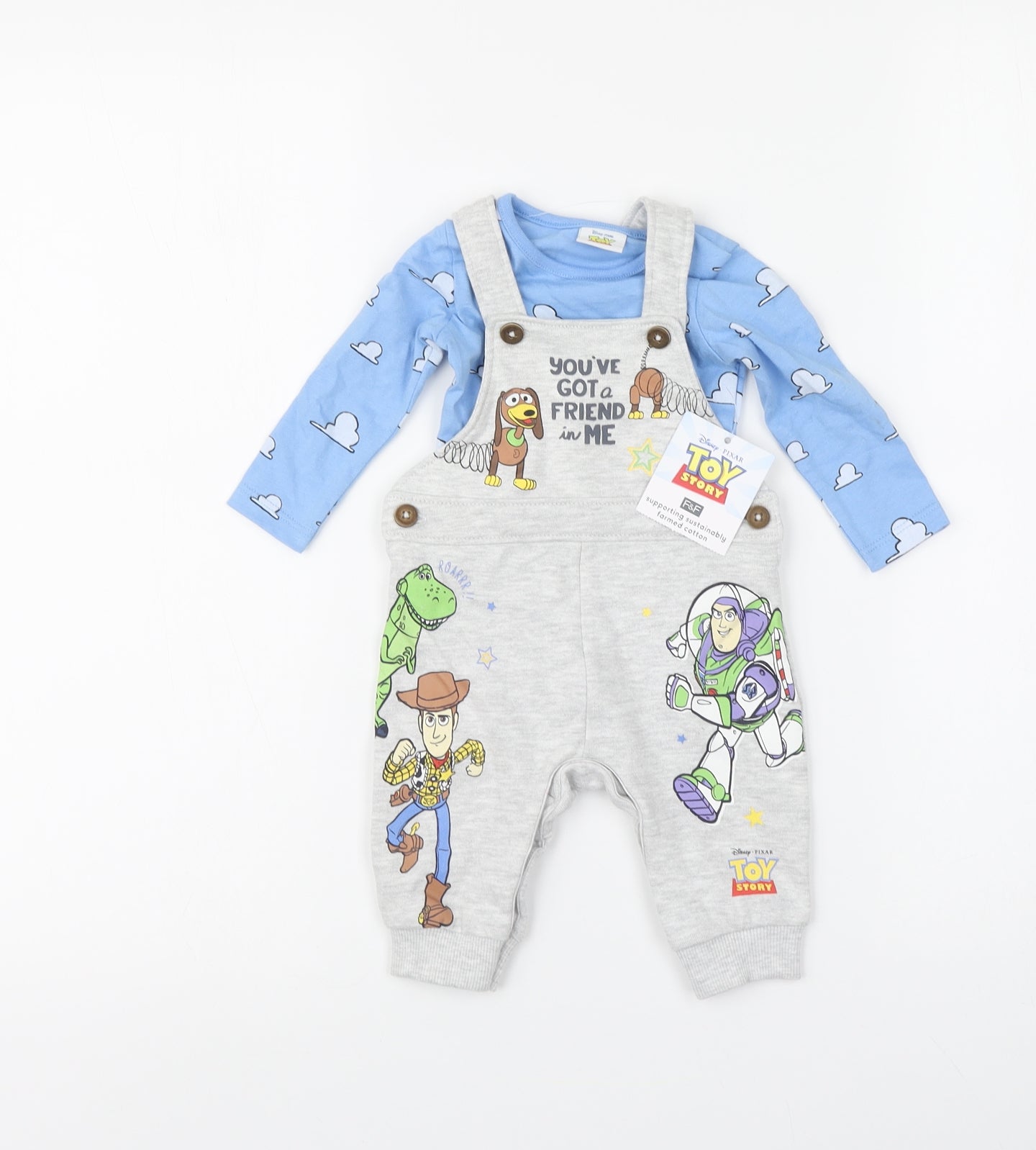 F&F Baby Grey Geometric Cotton Babygrow One-Piece Size 3-6 Months Button - Toy Story