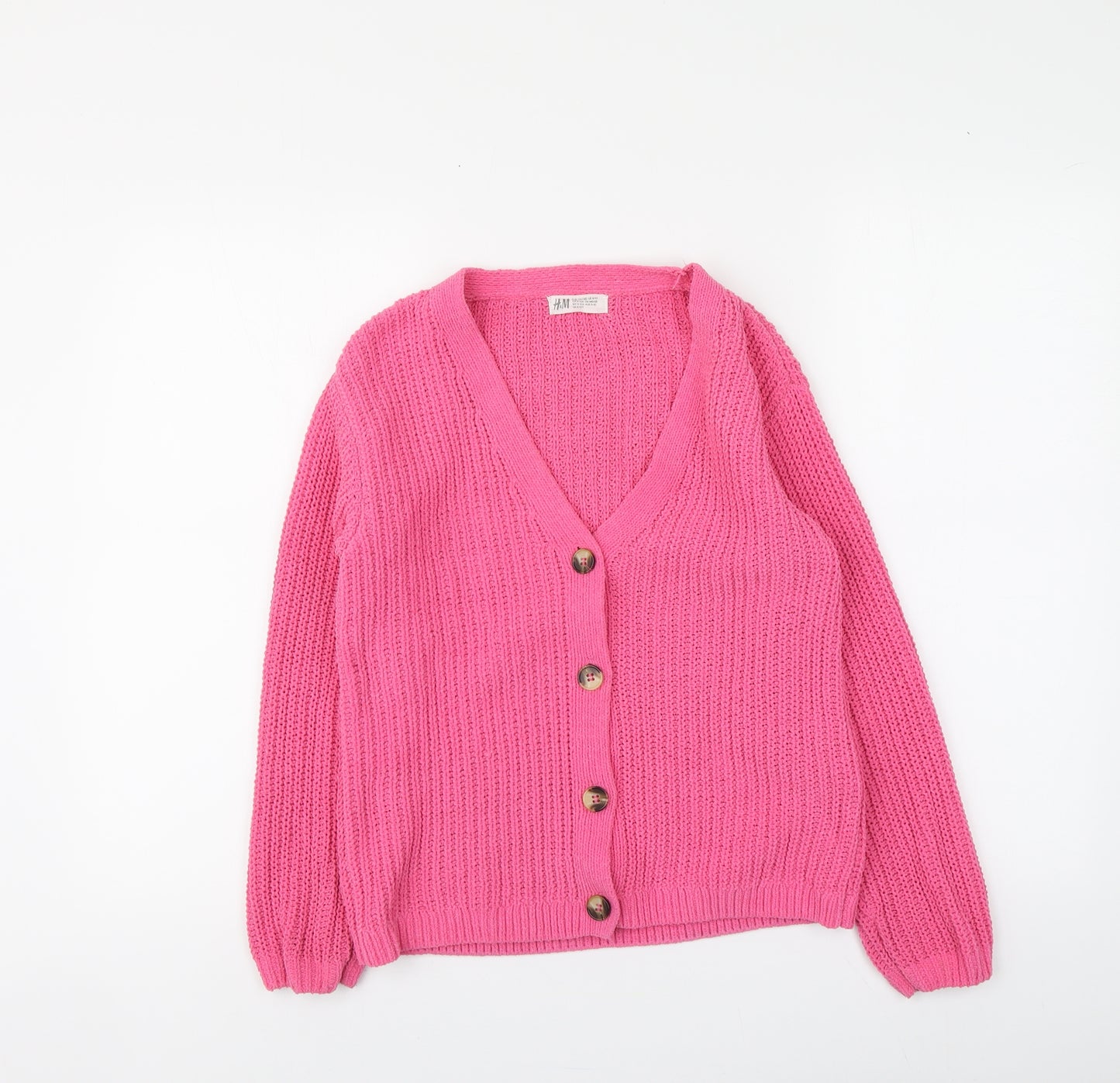 H&M Girls Pink V-Neck Polyester Cardigan Jumper Size 9-10 Years Button