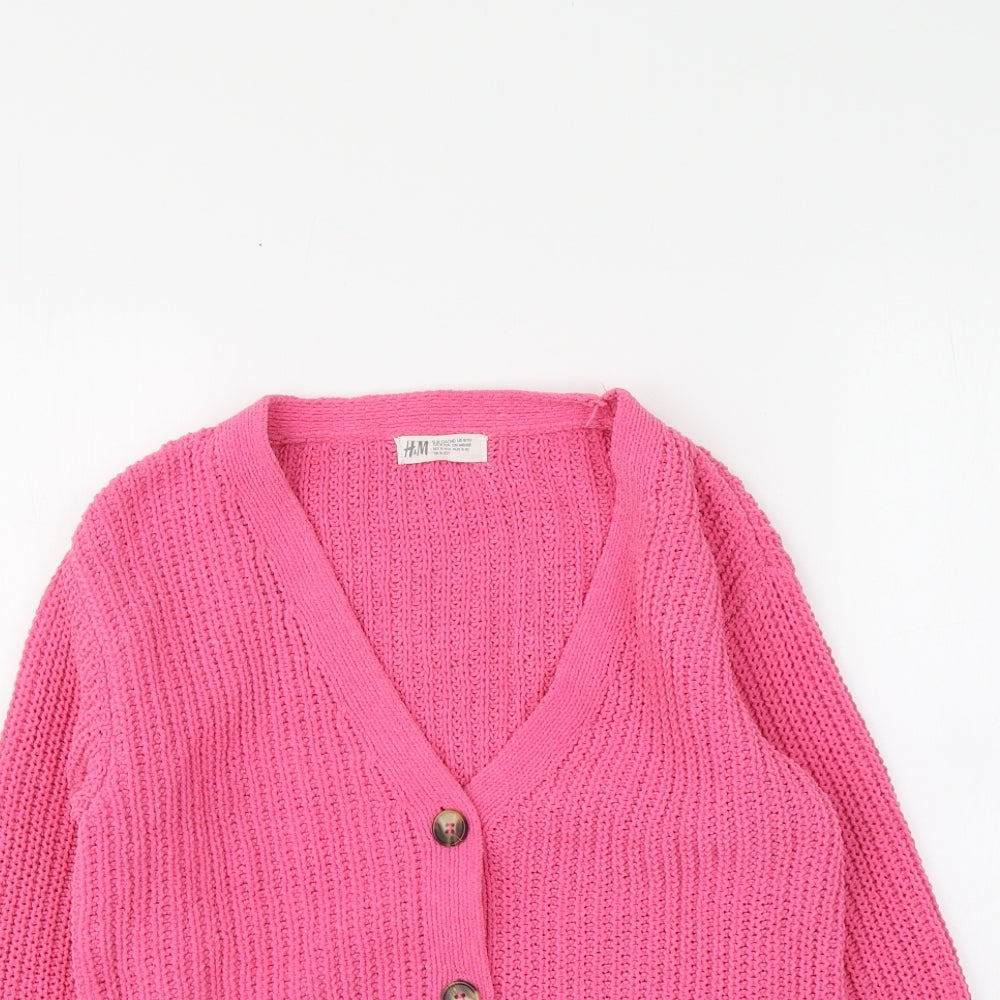 H&M Girls Pink V-Neck Polyester Cardigan Jumper Size 9-10 Years Button