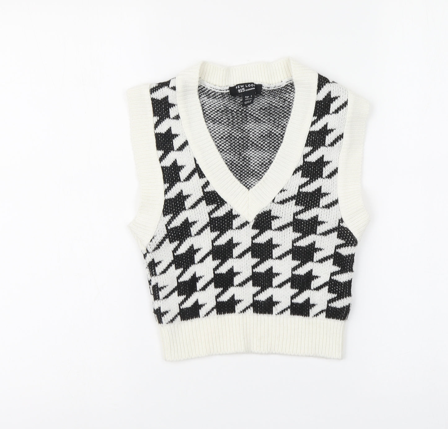 New Look Girls White V-Neck Houndstooth Acrylic Vest Jumper Size 9 Years Pullover