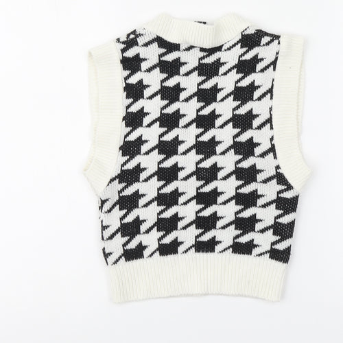 New Look Girls White V-Neck Houndstooth Acrylic Vest Jumper Size 9 Years Pullover