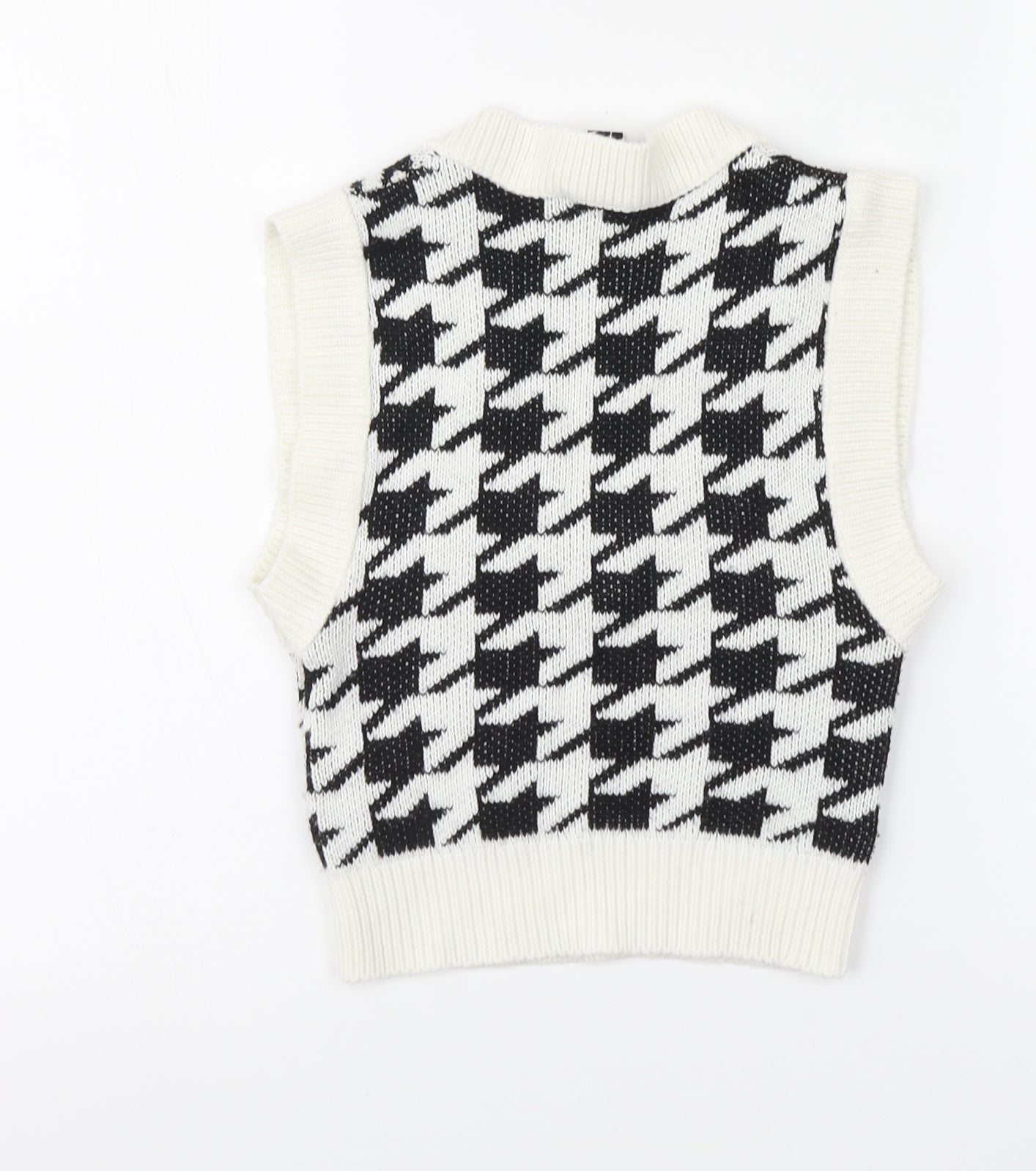 New Look Girls White V-Neck Houndstooth Acrylic Vest Jumper Size 9 Years Pullover
