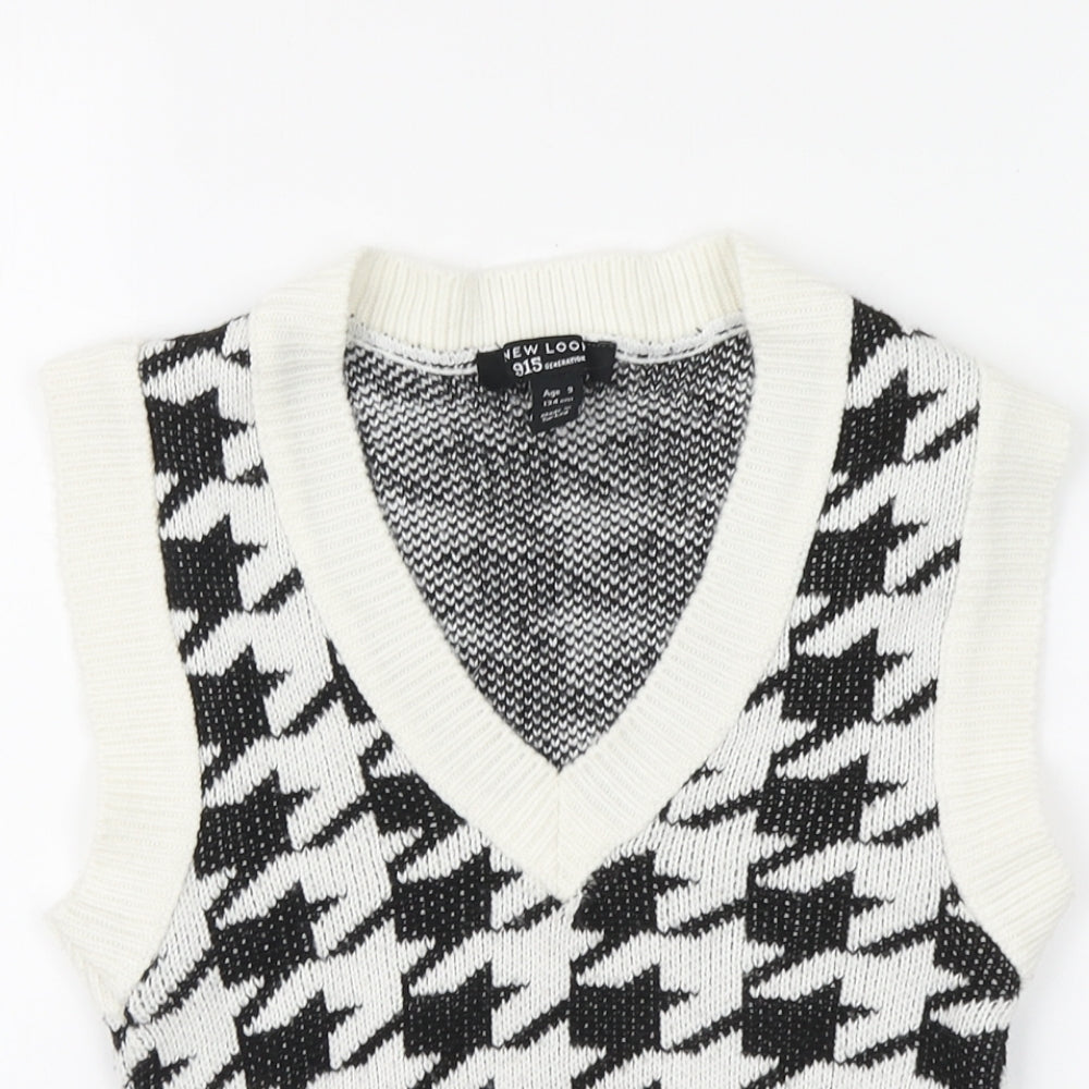 New Look Girls White V-Neck Houndstooth Acrylic Vest Jumper Size 9 Years Pullover