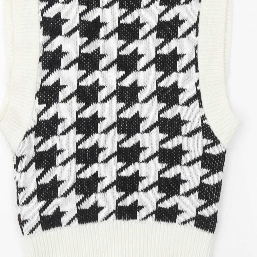 New Look Girls White V-Neck Houndstooth Acrylic Vest Jumper Size 9 Years Pullover