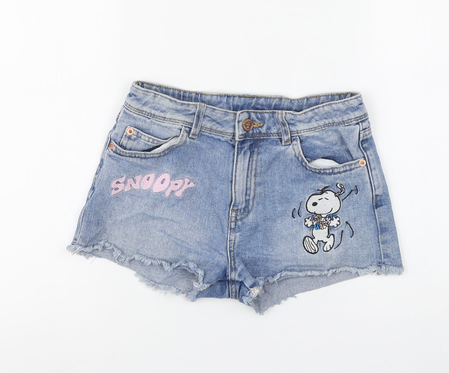 Peanuts Girls Blue Cotton Cut-Off Shorts Size 9-10 Years Regular Zip - Snoopy