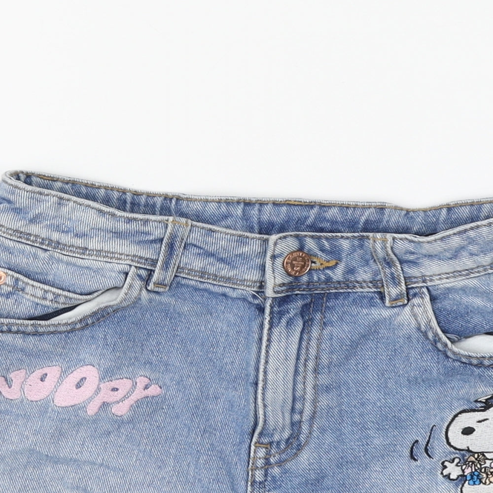 Peanuts Girls Blue Cotton Cut-Off Shorts Size 9-10 Years Regular Zip - Snoopy
