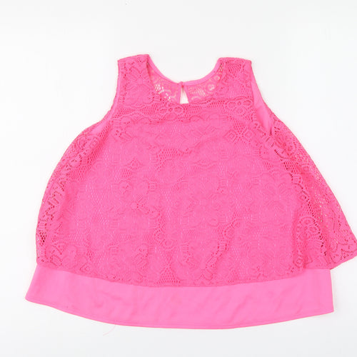 YD Girls Pink Geometric Polyester Basic Tank Size 10-11 Years Round Neck Button